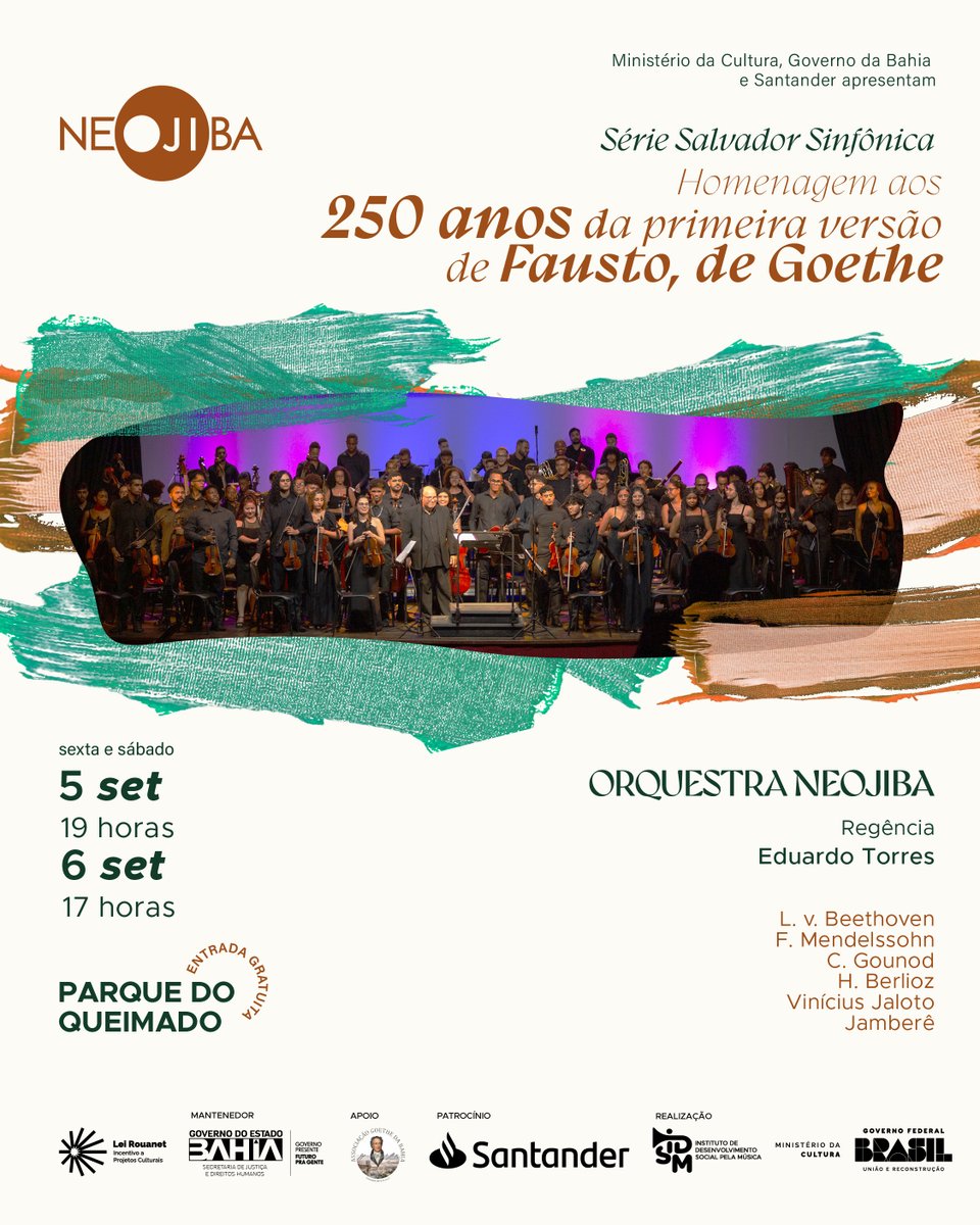 🎶 Sexta (5/09, 19h) e sábado (6/09, 17h) têm concertos gratuitos do #NEOJIBA no Parque do Queimado, sob regência de Eduardo Torres.

🎻✨ Homenagem aos 250 anos de Fausto, de Goethe, com obras de Beethoven, Mendelssohn, Gounod, Berlioz, Vinicius Jaloto e Jamberê. Entrada livre!