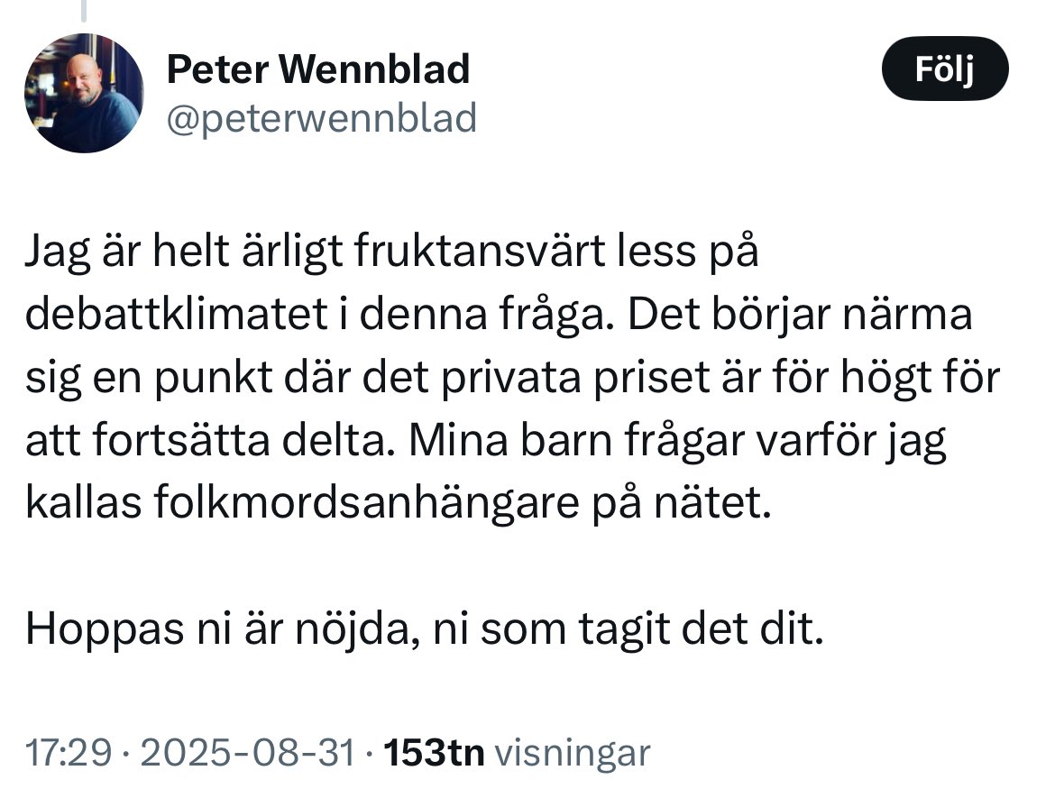Nu kan man ju knappt försvara ett folkmord längre utan att nån jävel ska stämpla en som ”folkmordsanhängare”. Jävla debattklimat!