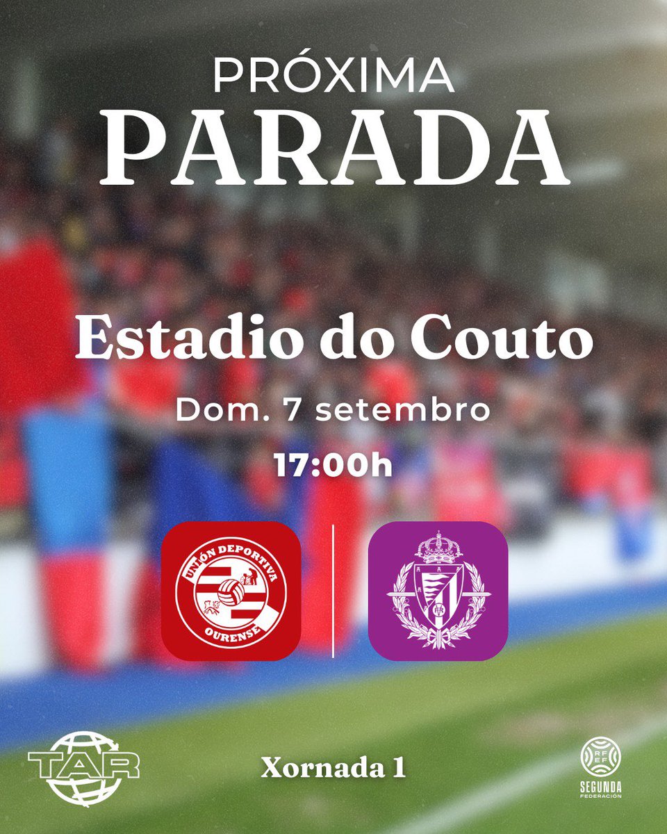 Sí, amigos. Próxima parada… 𝐎 𝐂𝐎𝐔𝐓𝐎

📋 Xornada 1
🆚 <a href="/RVcantera/">Cantera Real Valladolid</a>
📆 Domingo 7
🕒 17:00

Voltamos a casa para debutar na Segunda Federación!