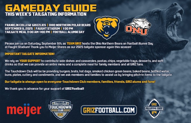 Franklin College Football (@fcgrizfootball) on Twitter photo Don't forget to join our TD Club! Here is the tailgate information for this week! #BePhasTor #GrizSquad Don't forget to join our TD Club! Here is the tailgate information for this week! #BePhasTor #GrizSquad