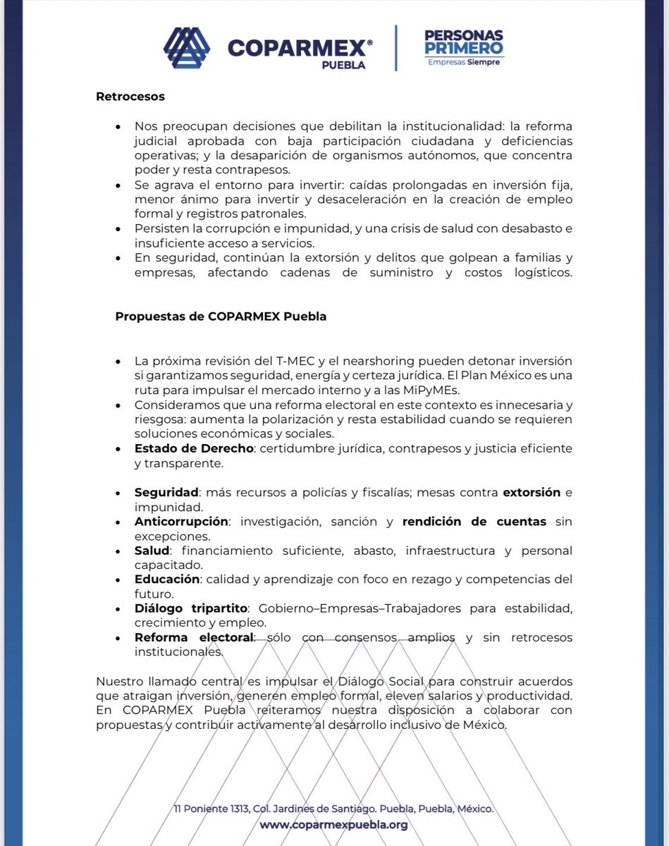 Avances, retrocesos y oportunidades: Primer Informe de Gobierno

Desde COPARMEX Puebla presentamos el balance del Primer Informe de la Presidenta Claudia Sheinbaum, destacando:

✨ Logros alcanzados
⚠️ Desafíos pendientes
💡 Propuestas para un México con crecimiento, empleo y