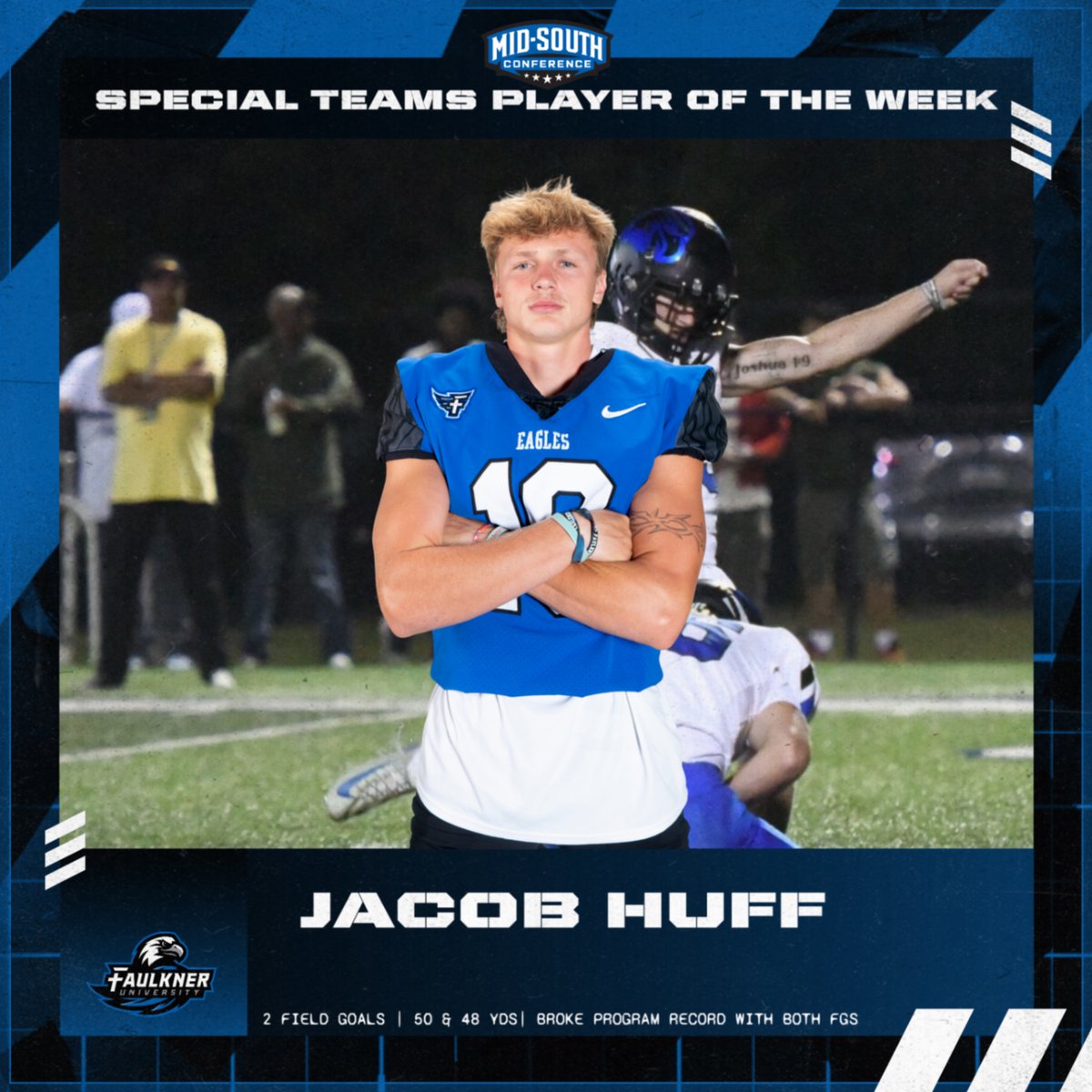 Jacob Huff claims his first Mid-South Conference  Special Teams Player of the Week honor after breaking the school record with field goals from 50 and 48 yards. He closed the night with 8 points while averaging 63.5 yards per kickoff and tallying 3 touchbacks!