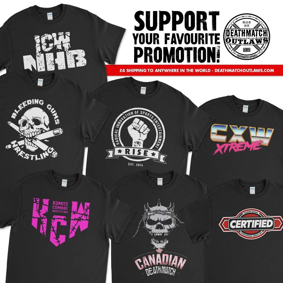Support your favourite Promotion! 👊

If we stock their DVDs, we stock their shirts... Grab a logo shirt where 100% of the profit goes to fund their upcoming shows!  🩸💀

👕 DeathmatchOutlaws.com

Only £4 shipping to anywhere in the world! 🌍