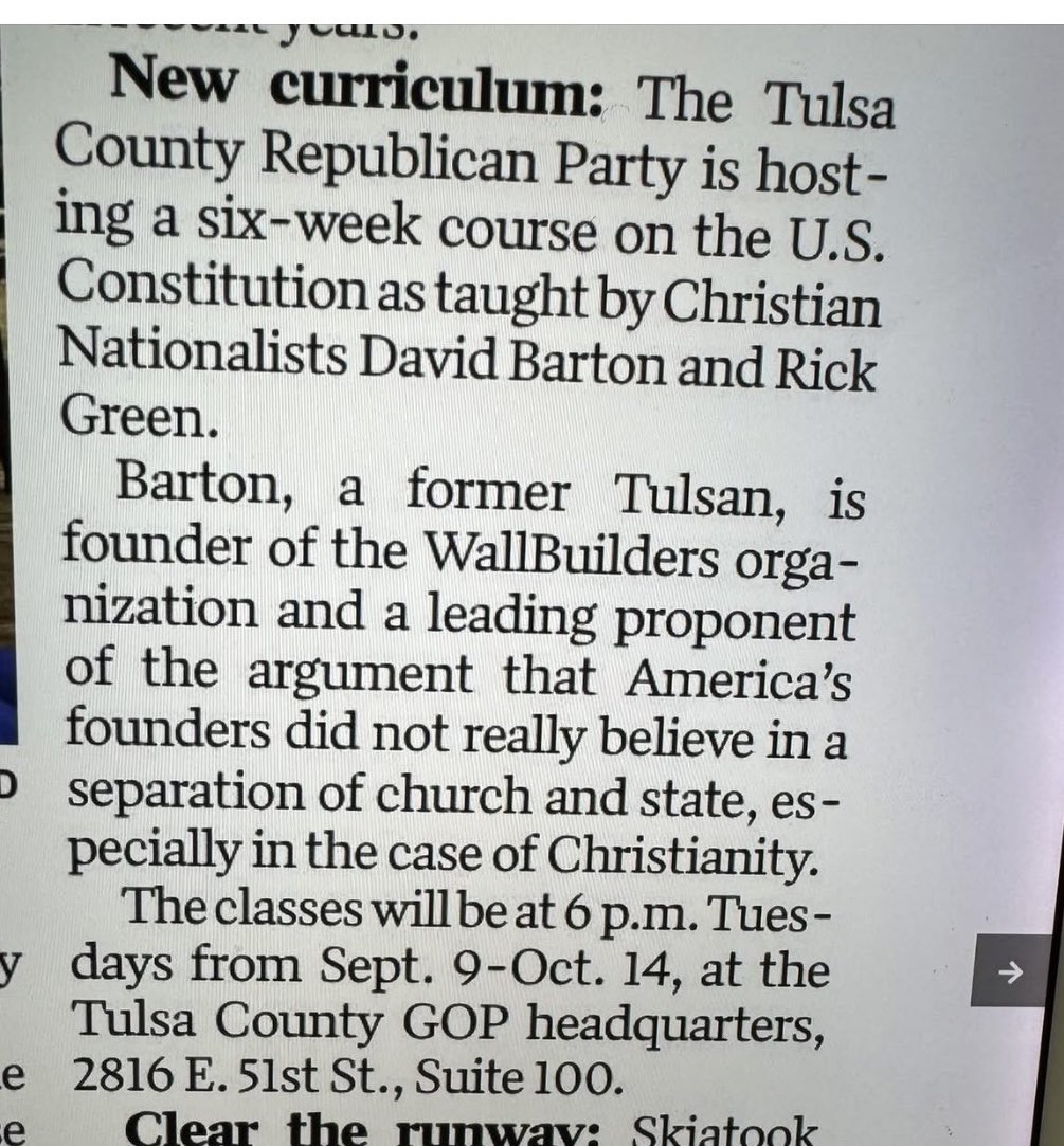 ❗️Want to hear self-proclaimed “Christian Nationalists” say the quiet parts out loud? Here’s your chance.  Tulsa’s GOP has got you covered with a 6-week course. 👀 

Via <a href="/pubmanokc/">Sean Cummings</a>