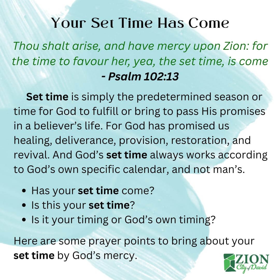 zcityofdavid's tweet image. Hello Brethren, 

Here&apos;s a short exhortation and suggested prayers on Set Time, for it is the accepted time for the Lord to arise and favor you... Only believe!

#SetTime #Psalm102v13 #SuggestedPrayers #ZCOD
#ZionCityOfDavidChurch