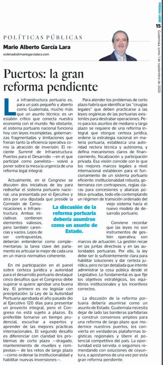 Los puertos no son solo muelles: son la conexión de Guatemala con el mundo. La discusión de su reforma debe asumirse como un asunto de Estado.
Lea mi columna publicada hoy en Prensa Libre:
🔗 mariogarcialara.com/columnas/puert…