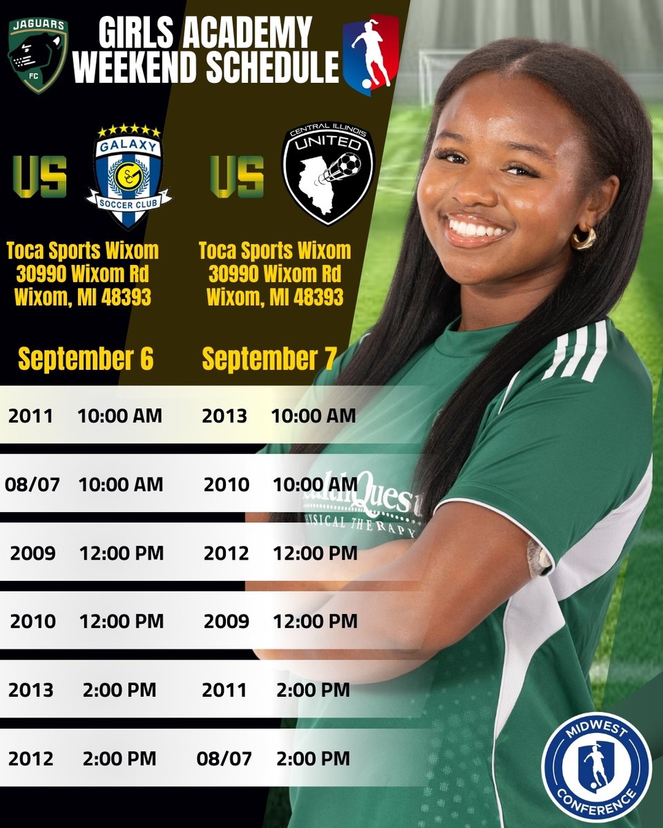 This week in <a href="/GAcademyLeague/">Girls Academy</a>  play, our Jaguars take on <a href="/GalaxySCIL/">Galaxy Soccer Club</a>  and <a href="/CentralILUnited/">Central IL United</a>. We look forward to welcoming both Illinois clubs for an exciting weekend of Midwest Conference competition.