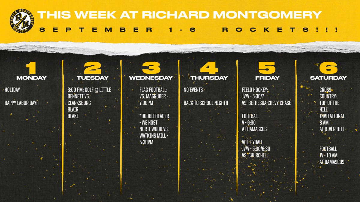 Richard Montgomery Athletics (@rocketssportsrm) on Twitter photo First Week of Contests is upon us! Come out and support ๐ nation!!
<a href="/RocketsVBALL/">Rockets Volleyball</a> <a href="/RMHS_principal/">Alicia Deeny</a> <a href="/RMathleticboos1/">RMathleticboosters</a> <a href="/RM_Rocketsfball/">RM_RocketsFootball</a> <a href="/rmfockey/">RM Field Hockey</a> <a href="/DeeFutureofAT/">Dahlia D.</a> First Week of Contests is upon us! Come out and support ๐ nation!!
<a href="/RocketsVBALL/">Rockets Volleyball</a> <a href="/RMHS_principal/">Alicia Deeny</a> <a href="/RMathleticboos1/">RMathleticboosters</a> <a href="/RM_Rocketsfball/">RM_RocketsFootball</a> <a href="/rmfockey/">RM Field Hockey</a> <a href="/DeeFutureofAT/">Dahlia D.</a>