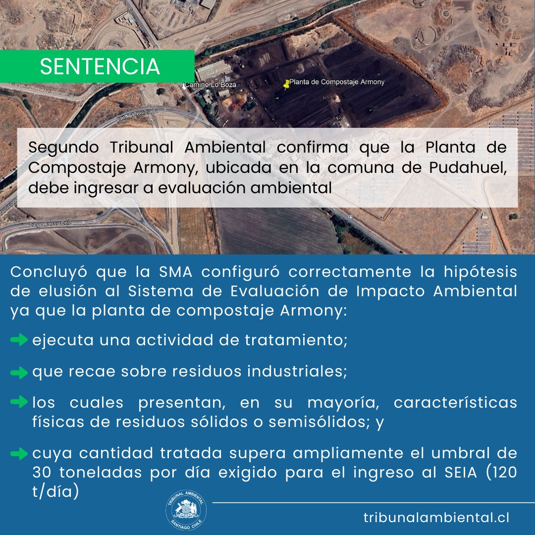 SENTENCIA⚖️
<a href="/TrAmbiental/">Segundo Tribunal Ambiental / Environmental Court</a> confirmó resolución de la <a href="/SMA_CL/">Superintendencia del Medio Ambiente</a> que ordenó el ingreso al Sistema de Evaluación de Impacto Ambiental de planta de Compostaje ubicada en la comuna de Pudahuel
👉tribunalambiental.cl/tribunal-confi…