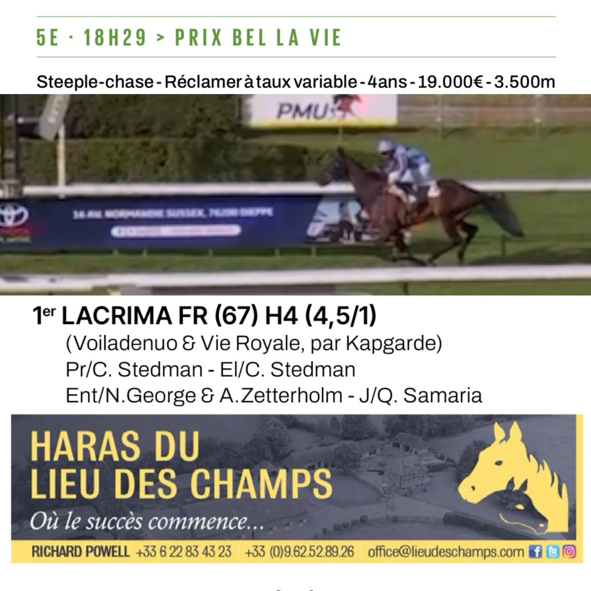 🏆Lacrima wins Prix Bel La Vie at Dieppe for Breeder/owner Chris Stedman &amp; team <a href="/NGAZracing/">George & Zetterholm Racing</a> 

Well done all involved 👏🏻