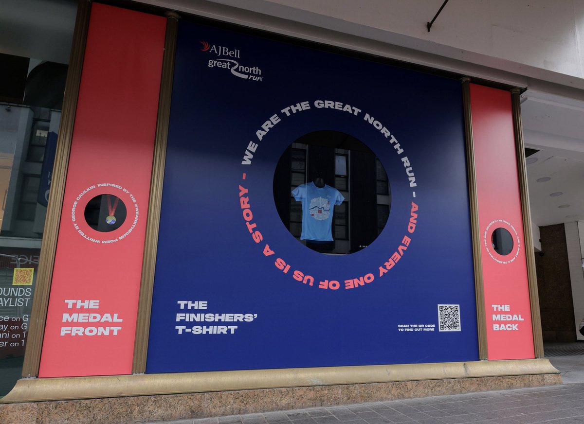 anchorman2008's tweet photo. A special morning at the @Great_Run x Fenwick event for the reveal of the 2025 finisher T-shirt &amp; medal in the iconic Fenwick window.

Had a great chat with @GeorgeCaulkin and GNR legend Sir Brendan Foster. George’s We Are The GNR poem inspired this year’s design.

#greatnorthrun https://t.co/kortuSxaid