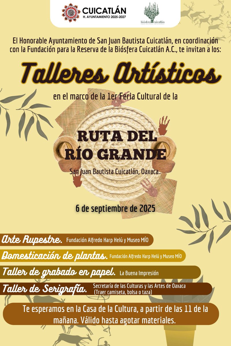 ¡Nos vemos en la 1ª Feria Cultural de la RUTA DEL RÍO GRANDE!

En San Juan Bautista, Cuicatlán
Sábado 6 de septiembre, 2025

<a href="/Cuicatlan_Oax/">San Juan Bautista Cuicatlán</a> <a href="/bioscuicatlan/">Biósfera Cuicatlán</a> <a href="/FundacionAHHO/">Fundación Alfredo Harp Helú Oaxaca</a>
