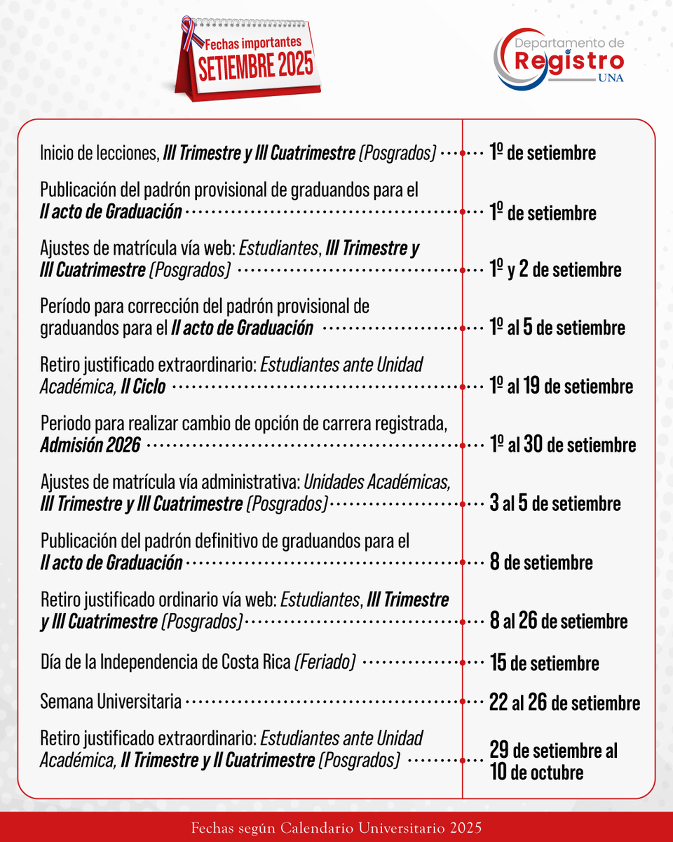 #FechasImportantes #Setiembre 

✅Les compartimos las fechas importantes del mes de setiembre, para más información visiten nuestro sitio web:👇

🔗 registro.una.ac.cr