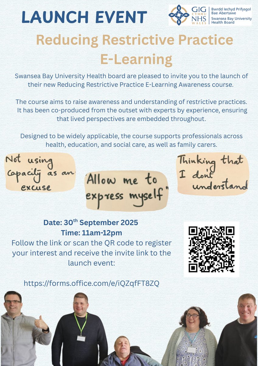 We are launching our Reducing Restrictive Practice E-Learning Awareness course. The course has been coproduced from the very beginning and will be freely avaialble to all. Click the link or scan the QR code to receive an invite to the launch event! 

forms.office.com/e/iQZqfFT8ZQ