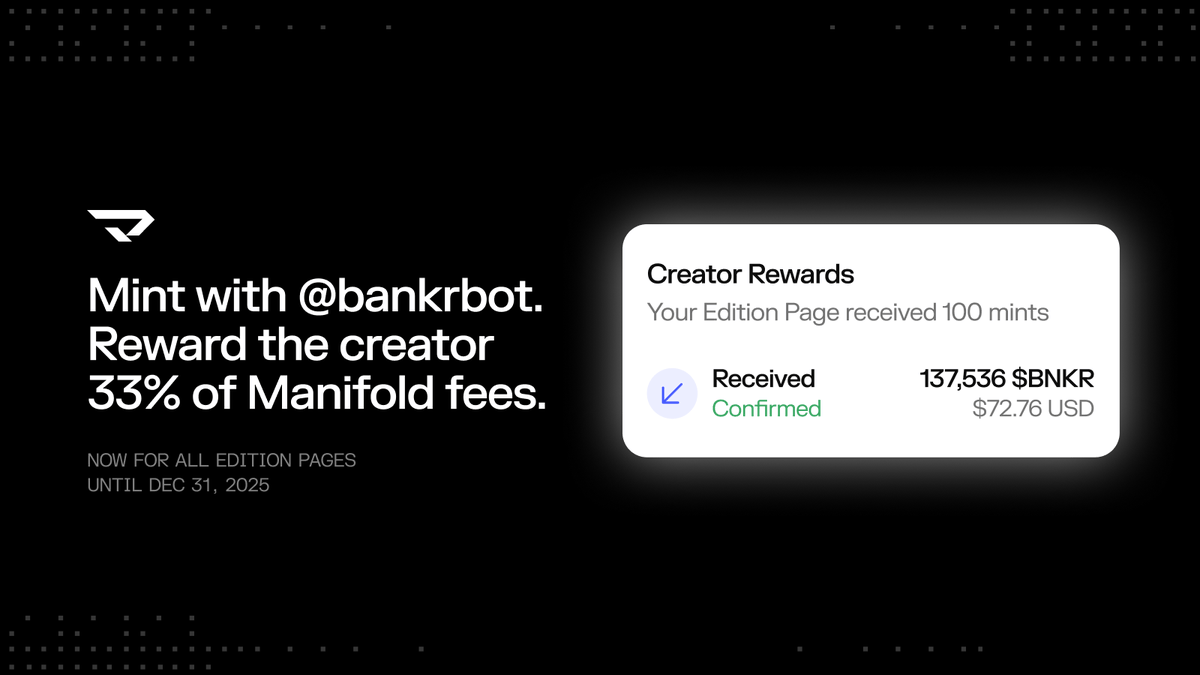 Manifold 与 BankrBot 合作公告，显示创作者以 $BNKR 获得奖励