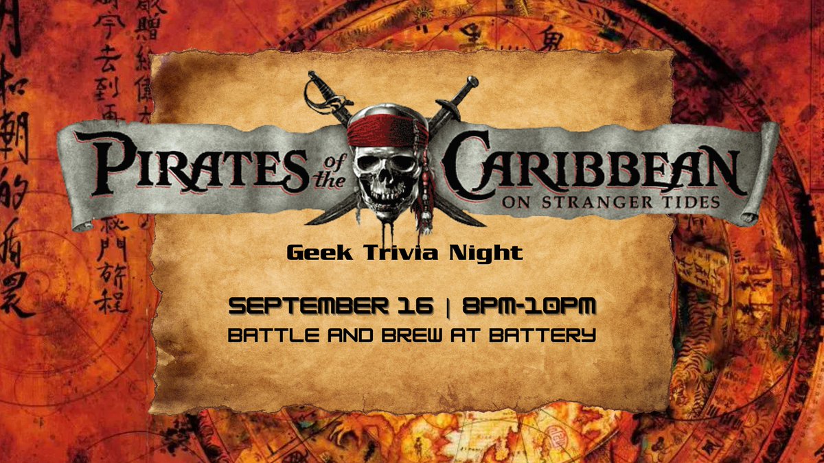 bnbbattery's tweet photo. 🏴‍☠️ Ahoy, mates! Geek Trivia: Pirates of the Caribbean is docking at Battle &amp; Brew Battery on Sept 16 ⚓️
Grab yer crew, test yer pirate knowledge, and win treasure 💰🍻
🎟 Free to play

#GeekTrivia #ATL #PiratesLife https://t.co/IHoymRxoLM