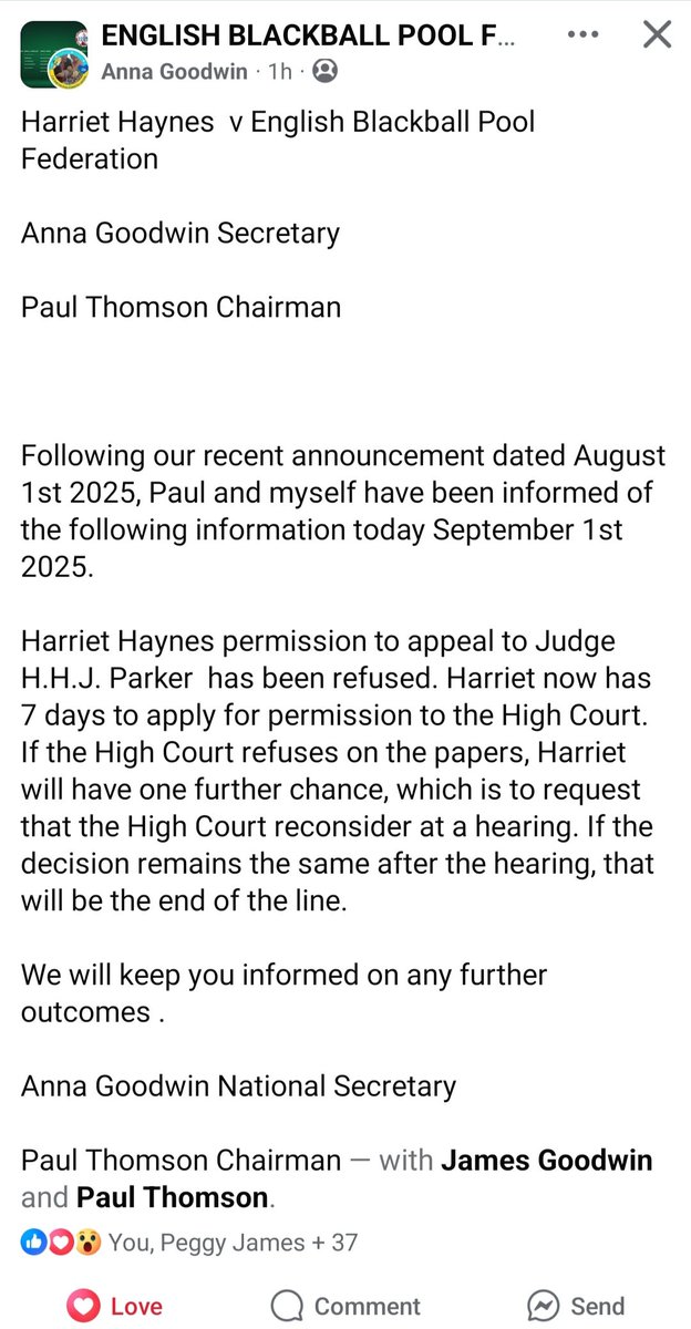 Lynne Pinches (@pincheslynne) on Twitter photo Fantastic news 👏 Harriet Haynes solicitors appeal has been refused. Statement by the EBPF below. <a href="/WomensRightsNet/">Women's Rights Network - WRN</a> <a href="/SexMattersOrg/">Sex Matters</a> <a href="/gina_auria/">#ProtectWomensSports</a> <a href="/SportSEENuk/">SEENinSport</a> <a href="/sharrond62/">Sharron Davies MBE</a> <a href="/Glinner/">Graham Linehan 🎗️</a> Fantastic news 👏 Harriet Haynes solicitors appeal has been refused. Statement by the EBPF below. <a href="/WomensRightsNet/">Women's Rights Network - WRN</a> <a href="/SexMattersOrg/">Sex Matters</a> <a href="/gina_auria/">#ProtectWomensSports</a> <a href="/SportSEENuk/">SEENinSport</a> <a href="/sharrond62/">Sharron Davies MBE</a> <a href="/Glinner/">Graham Linehan 🎗️</a>