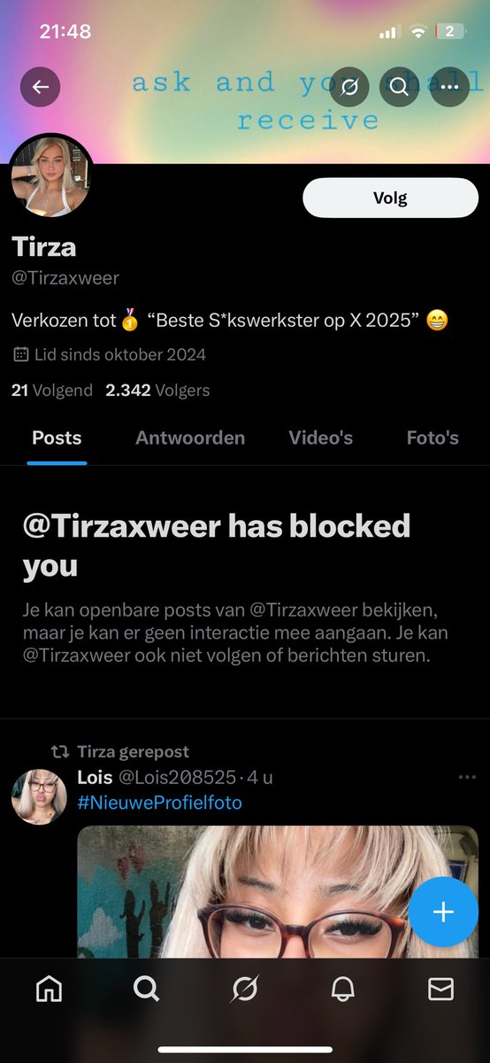 Let op! Weer een oplichter ontmaskerd. 

<a href="/Tirzaxweer/">Tirza</a> probeert je te verleiden. 

Helaas is Tirza een man! 

Bij commentaar blocked ze je direct