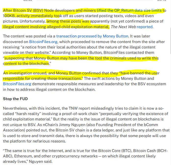 FractalEncrypt's tweet photo. Holy shit, you guys are not going to believe this one!

Lopp's post about BSV's 1GB OP_RETURN limit got me thinking about @GrassFedBitcoin 's recent tweets about the increased limit allowing people to add CSAM to bitcoin transactions.

It seems that immediately upon increasing the OP_RETURN limit to 100kb BSV had their first incident.