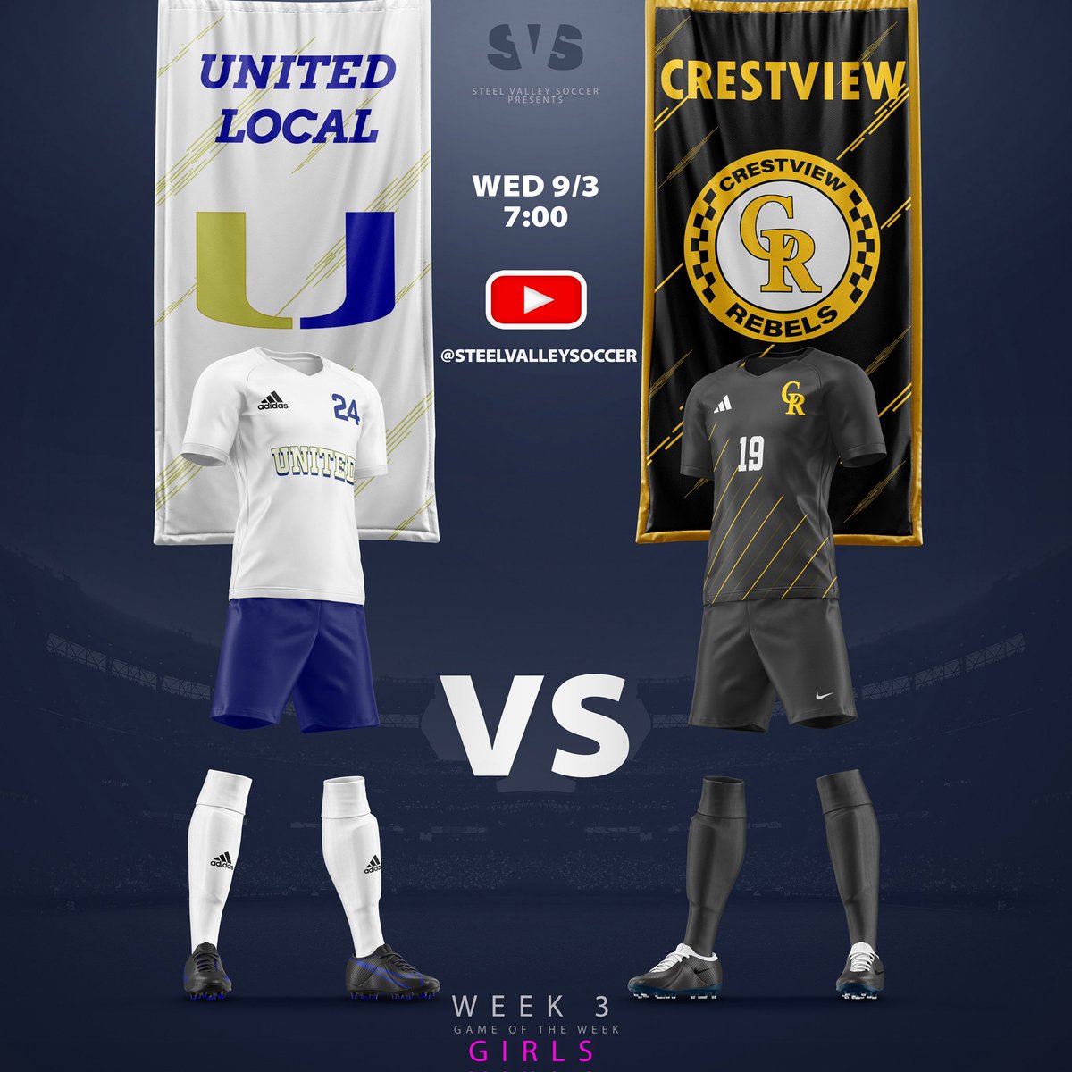 steelvalleySVS's tweet photo. This week’s lineup for game of the week brings us to Crestview and Canfield. the Live Broadcast links that are already up on our Channel. #steelvalleysvs #ohio #highschool #soccer #ohsaa #ossca #trumbull #mahoning #columbiana #youngstown #united #crestview #canfield #shakerhts ⚽️ https://t.co/nh3oXxOQkR