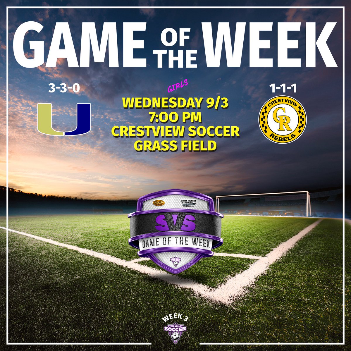 steelvalleySVS's tweet photo. This week’s lineup for game of the week brings us to Crestview and Canfield. the Live Broadcast links that are already up on our Channel. #steelvalleysvs #ohio #highschool #soccer #ohsaa #ossca #trumbull #mahoning #columbiana #youngstown #united #crestview #canfield #shakerhts ⚽️ https://t.co/nh3oXxOQkR