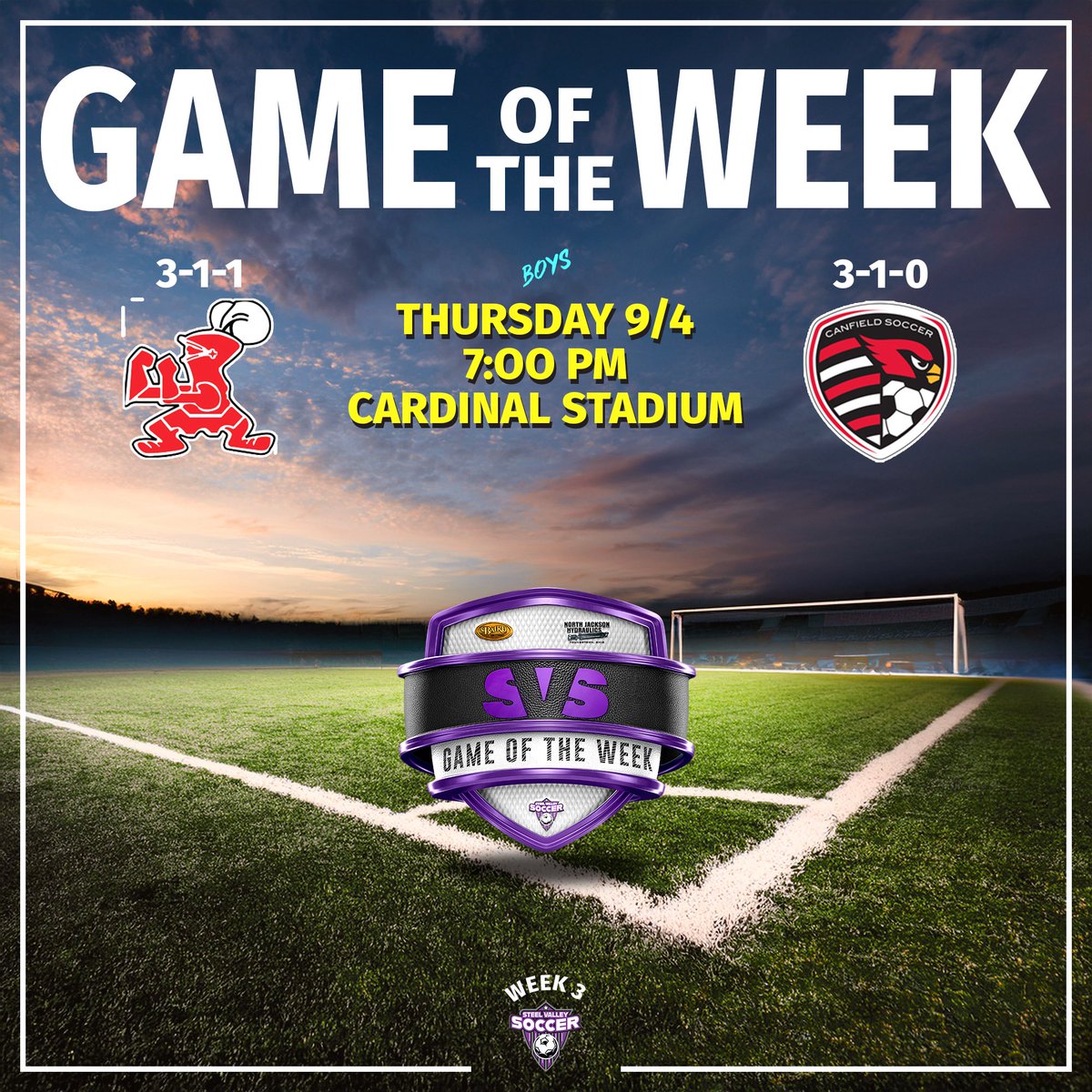 steelvalleySVS's tweet photo. This week’s lineup for game of the week brings us to Crestview and Canfield. the Live Broadcast links that are already up on our Channel. #steelvalleysvs #ohio #highschool #soccer #ohsaa #ossca #trumbull #mahoning #columbiana #youngstown #united #crestview #canfield #shakerhts ⚽️ https://t.co/nh3oXxOQkR