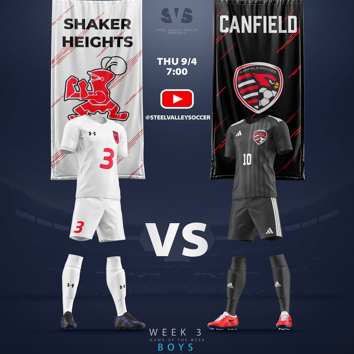 steelvalleySVS's tweet photo. This week’s lineup for game of the week brings us to Crestview and Canfield. the Live Broadcast links that are already up on our Channel. #steelvalleysvs #ohio #highschool #soccer #ohsaa #ossca #trumbull #mahoning #columbiana #youngstown #united #crestview #canfield #shakerhts ⚽️ https://t.co/nh3oXxOQkR