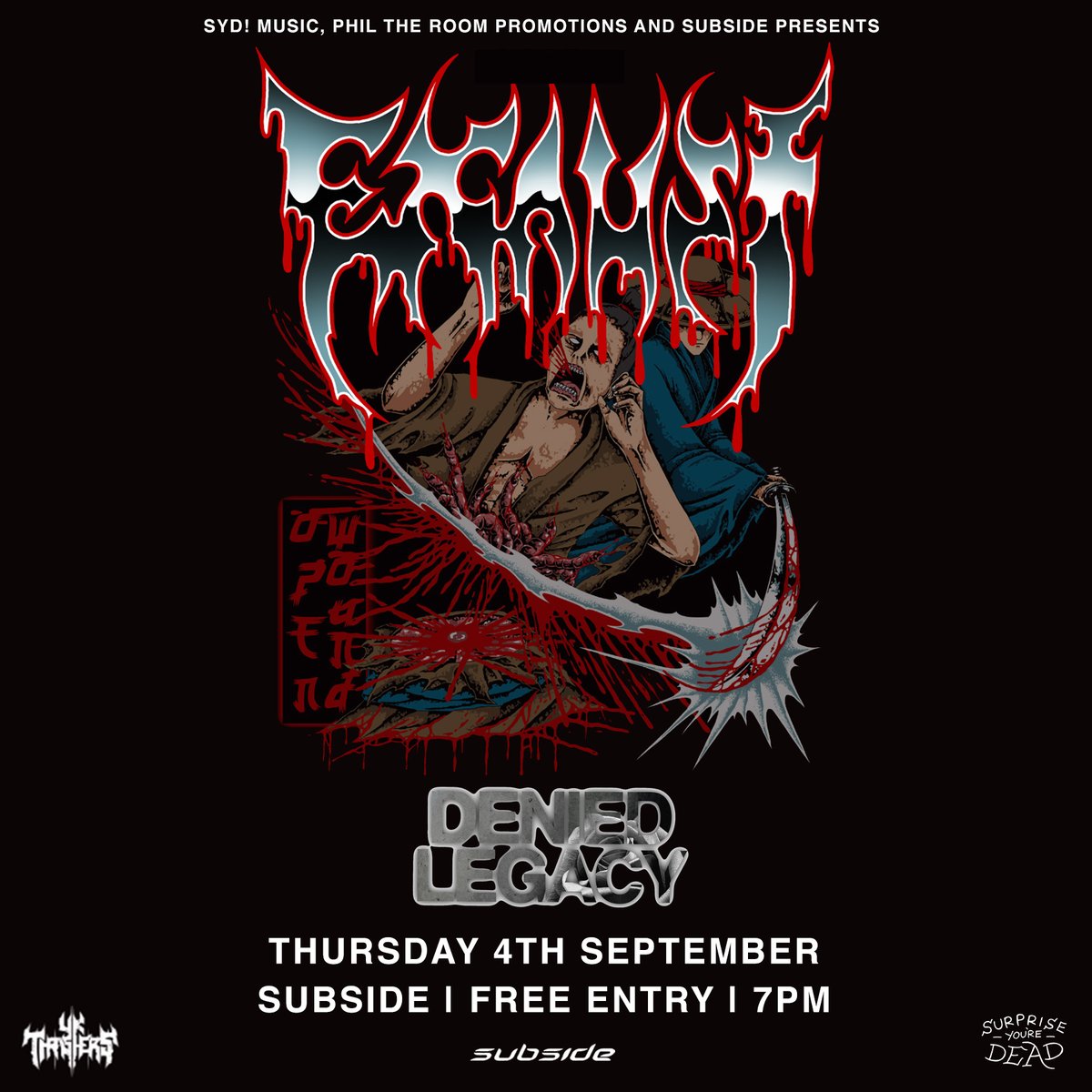 Exaust  are bringing the crossover Thrash on Thursday at Subside Bar in Birmingham with our friends in Denied Legacy . 

Check out their new Ep Abysmal Earth. It's on repeat in my house 

open.spotify.com/album/7flBliLL…

As always it's free thanks to Surprise You're Dead Music