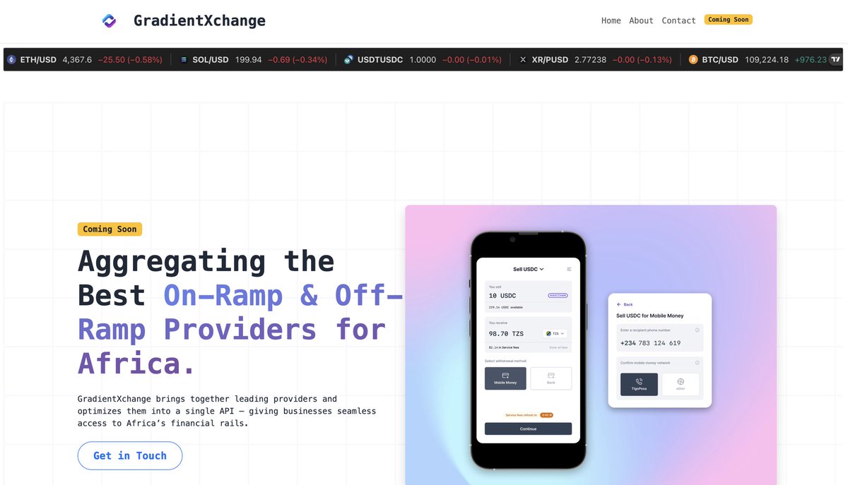 GradientXchange's tweet image. GradientXchange aggregates the best local on-ramp and off-ramp providers into one simple API, giving businesses seamless access to financial rails across Africa.
Coming soon. #FinTech #Africa #Business #Web3