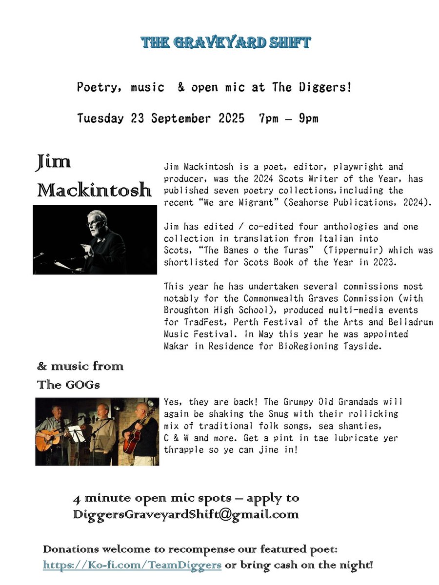 BleimanDavid's tweet photo. Come join us for The Graveyard Shift, EDINBURGH TUES 23 SEPTEMBER 7 - 9 PM at THE DIGGERS aka Athletic Arms 
Featuring poetry from Jim Mackintosh with open mic and rollicking music by the GOGs.   Free event.  All details on the flyer: https://t.co/35zjYs1FXz