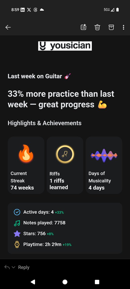 Here is my Yousician app activity report from last week. #guitarplayer #guitar #musicaljourney #musicindustry #musicianlife #music #musiciansofinstagram #musicislife