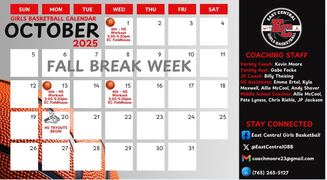 I’m really excited to get our fall workouts started! Here is our fall calendar if any college coaches would like to come watch! Please contact coachmoore23@gmail.com with any questions! 
<a href="/CoachKevinMoore/">Kevin Moore</a> 
<a href="/EastCentralGBB/">East Central Girls Basketball</a> 
<a href="/IndyOneEYBL/">Indy One EYBL</a>