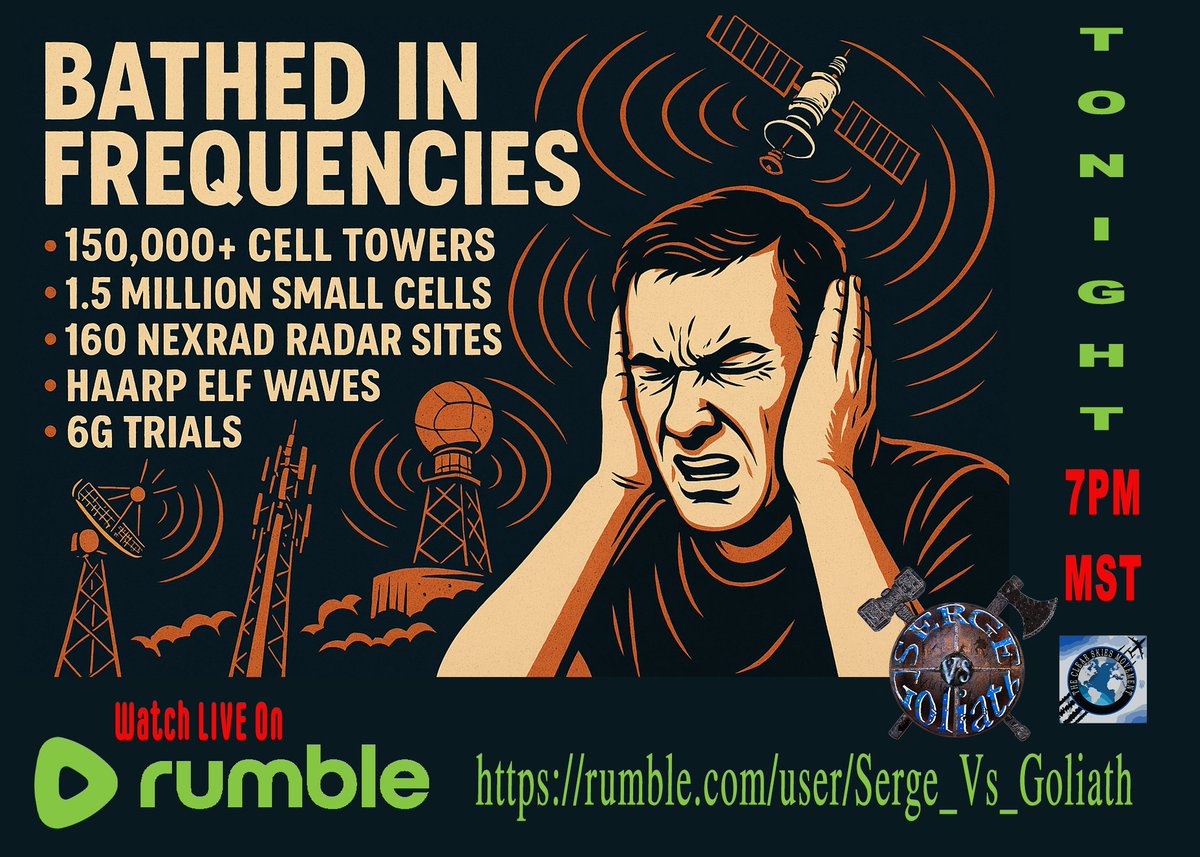 🚨 Bathed in Frequencies 🚨

⚡ Watch Serge vs Goliath LIVE tonight at 7 PM MT.
Your brain runs on frequencies.
Your heart beats on electrical pulses.
Your cells repair with currents.
But every second, those natural signals are drowned by a man-made grid:
 ⚡ 150,000+ towers
 ⚡