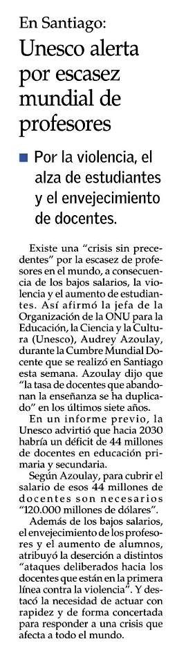 La <a href="/UNESCO/">UNESCO 🏛️ #Education #Sciences #Culture 🇺🇳</a> alertó en <a href="/__elmercurio/">El Mercurio</a> sobre la escasez mundial de docentes: más de 44 millones podrían faltar al 2030.
Violencia, bajos salarios y envejecimiento docente agravan la crisis.

#CumbreMundialDocente #Educación