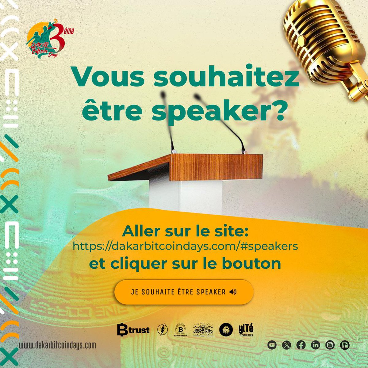 dakarbtcdays's tweet image. Vous souhaitez intervenir en tant que speaker aux Dakar Bitcoin Days 2025 ?

C’est l’occasion idéale de partager votre expertise, vos idées et votre vision autour du Bitcoin et de l’innovation en Afrique.
⬇️