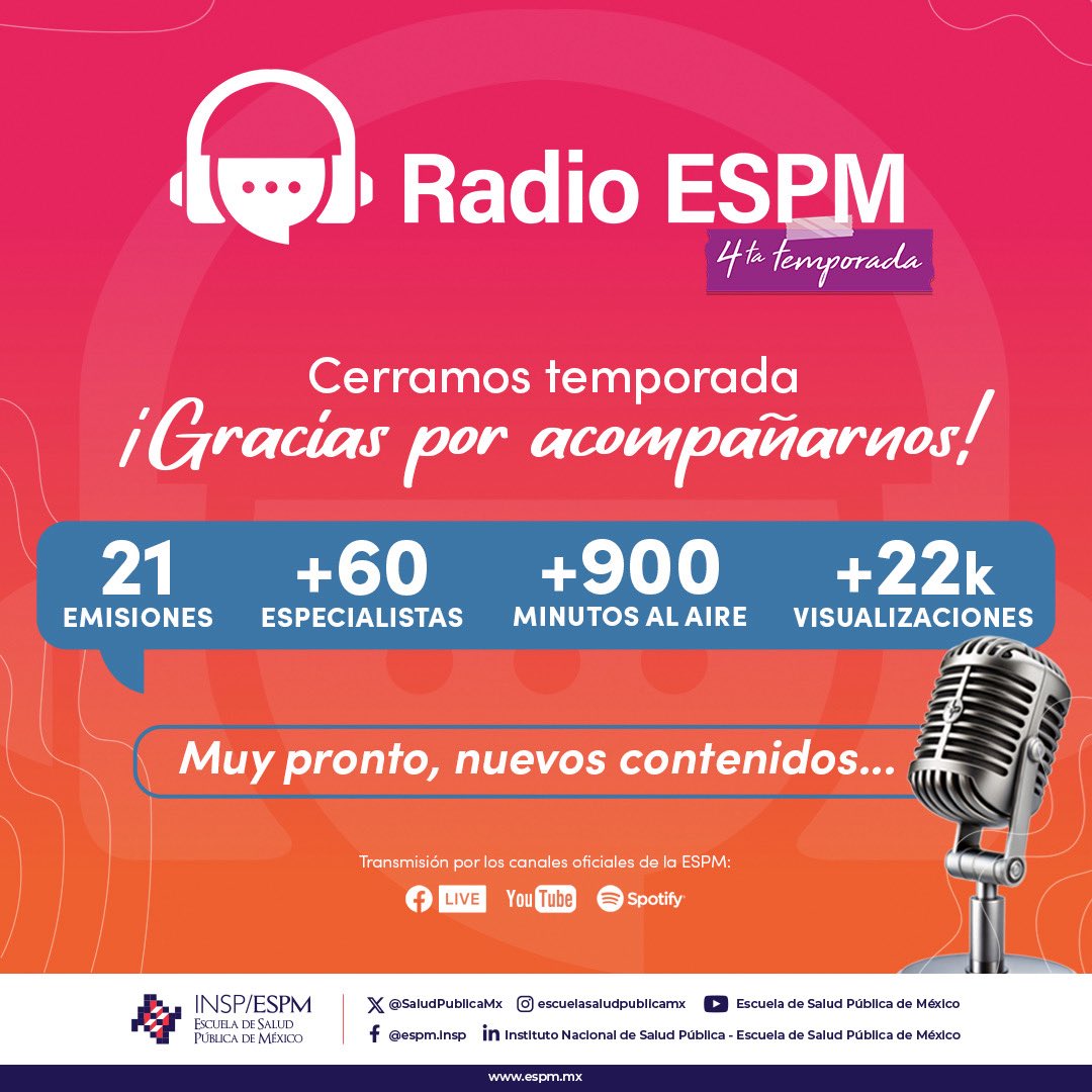 SaludPublicaMx's tweet photo. En #RadioESPM cerramos con éxito una temporada más 📻 fortaleciendo la vinculación interinstitucional con 11 instituciones invitadas de México y el mundo 🌎🤝

Muy pronto llegará nueva programación con más voces e inspiración 🎧 ¡Gracias por estar cerca! 🎙️

#CienciaParaCompartir https://t.co/1uPdQv61JT