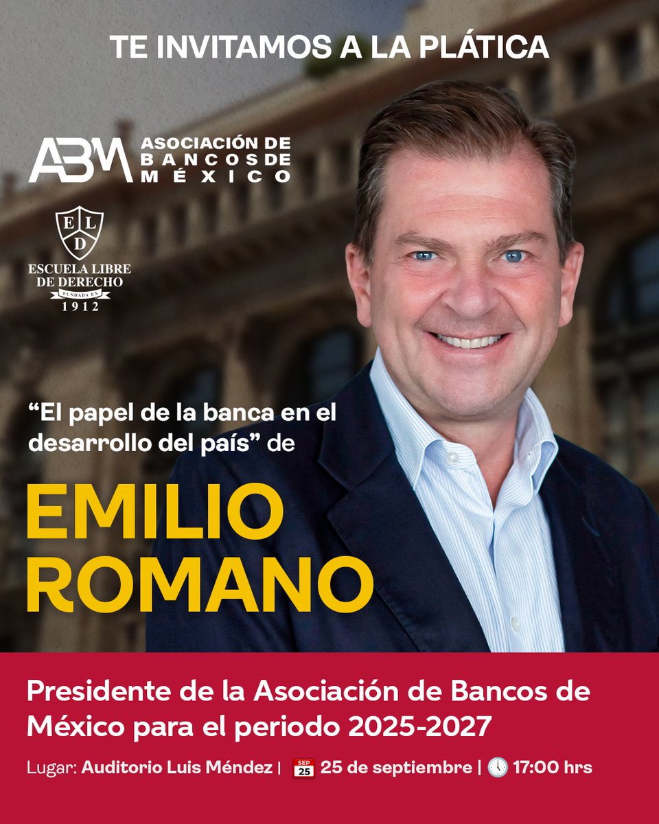 Te invitamos a la presentación: "El papel de la banca en el desarrollo del país" de Emilio Romano Mussali, Presidente de la Asociación de Bancos de México para el periodo 2025-2027 y egresado de la ELD

📅 25 de septiembre | 🕔 17:00 hrs