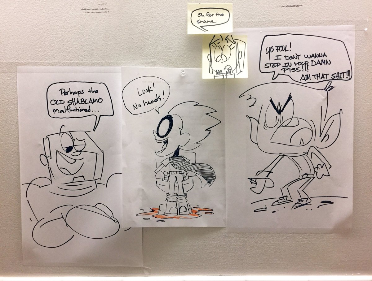 crew doodles hung above the urinals in the TTGO crew's men's bathroom in 2018 (artists unknown; photo taken by TTGO character designer Chris Battle @/chrisbattleart)