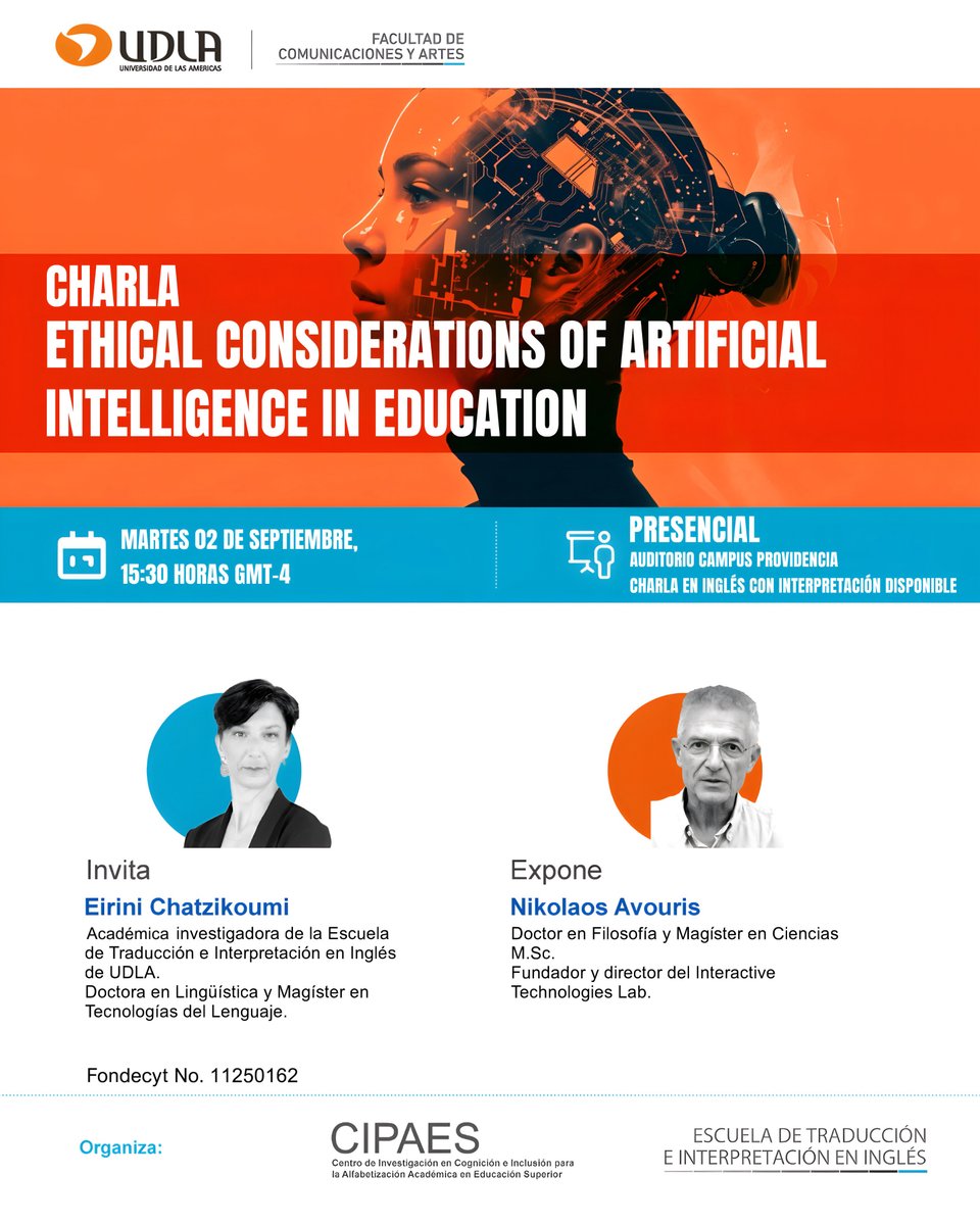 Investigación UDLA (@udlainvestiga) on Twitter photo ¡Es mañana! No te pierdas la charla Ethical considerations of artificial intelligence in education, organizada por el Centro de Cognición e Inclusión para la Alfabetización Académica en Educación Superior, <a href="/cipaes_centro/">Centro CIPAES</a>.
Inscríbete en ➡ shorturl.at/SKAIT ¡Es mañana! No te pierdas la charla Ethical considerations of artificial intelligence in education, organizada por el Centro de Cognición e Inclusión para la Alfabetización Académica en Educación Superior, <a href="/cipaes_centro/">Centro CIPAES</a>.
Inscríbete en ➡ shorturl.at/SKAIT
