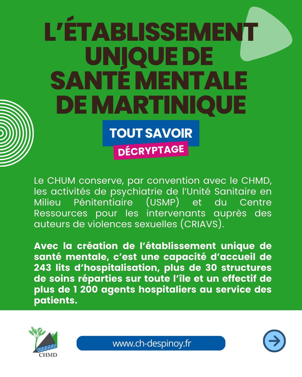 Dans un contexte de transformation du système de santé, la Martinique franchit une étape décisive avec la création, à compter du 1er septembre 2025, de l’Établissement unique de santé mentale autour du Centre Hospitalier Maurice Despinoy (CHMD). 🏥 
#SantéMentale #Martinique