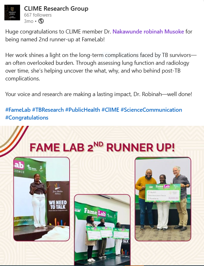 RobinahMusoke's tweet photo. Science only matters if it reaches beyond academia. Grateful for the chance to hone science communication skills through #FameLab. 🌍🔬 #SciComm #GlobalHealth https://t.co/lkaYZude5X