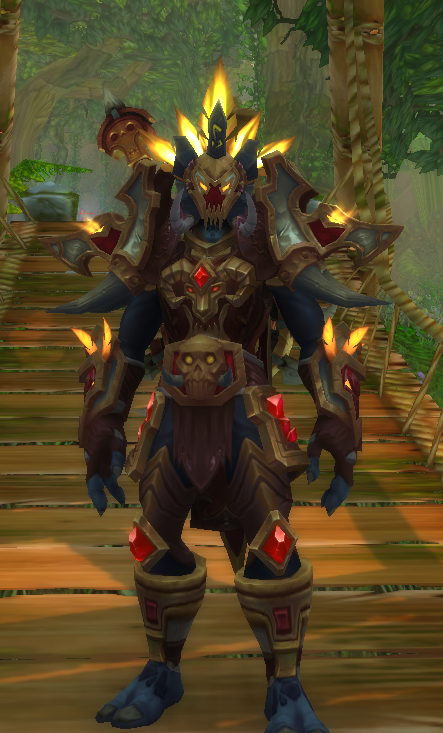 Con la mascara queda mejor, no se me gusta y me gusta que la pechera enana con el tabardo este hace una calavera demoniaca