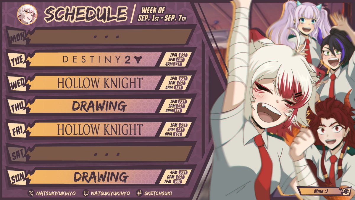 [ This week's schedule 🗓️ 9/1 - 9/7 ]

Bringing back Destiny 2sdays (if I can remember how to play after all this time 😅) and continuing with more Hollow Knight! ⚔️
...
#vtuber #envtuber #schedule