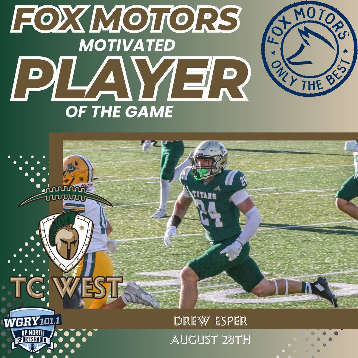 Traverse City West Titan Football (@tcwesttitanfb) on Twitter photo Congratulations to Drew Esper, the Fox Motors Motivated Player for our Howell game as named by Up North Sports Radio! Esper had a remarkable 31 tackles on opening night! <a href="/DrewEsper/">Drew Esper</a> <a href="/TCWestTitanFB/">Traverse City West Titan Football</a> <a href="/svlsports/">Saginaw Valley League</a> <a href="/TheD_Zone/">The D Zone</a> <a href="/AllenTrieu/">Allen Trieu</a> <a href="/Rivals/">Rivals</a> <a href="/CMU_Football/">Central Michigan Football</a> <a href="/PrepRedzoneMI/">Prep Redzone Michigan</a> Congratulations to Drew Esper, the Fox Motors Motivated Player for our Howell game as named by Up North Sports Radio! Esper had a remarkable 31 tackles on opening night! <a href="/DrewEsper/">Drew Esper</a> <a href="/TCWestTitanFB/">Traverse City West Titan Football</a> <a href="/svlsports/">Saginaw Valley League</a> <a href="/TheD_Zone/">The D Zone</a> <a href="/AllenTrieu/">Allen Trieu</a> <a href="/Rivals/">Rivals</a> <a href="/CMU_Football/">Central Michigan Football</a> <a href="/PrepRedzoneMI/">Prep Redzone Michigan</a>