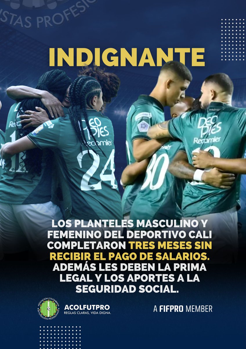 ¡𝗜𝗡𝗗𝗜𝗚𝗡𝗔𝗡𝗧𝗘!📢 Desde ACOLFUTPRO denunciamos la insostenible situación que enfrentan los planteles de futbolistas masculino y femenino del <a href="/AsoDeporCali/">Deportivo Cali</a>  a quienes este club de la <a href="/Dimayor/">DIMAYOR</a>  les debe tres meses de salarios, completó dos meses de atraso en el pago de la