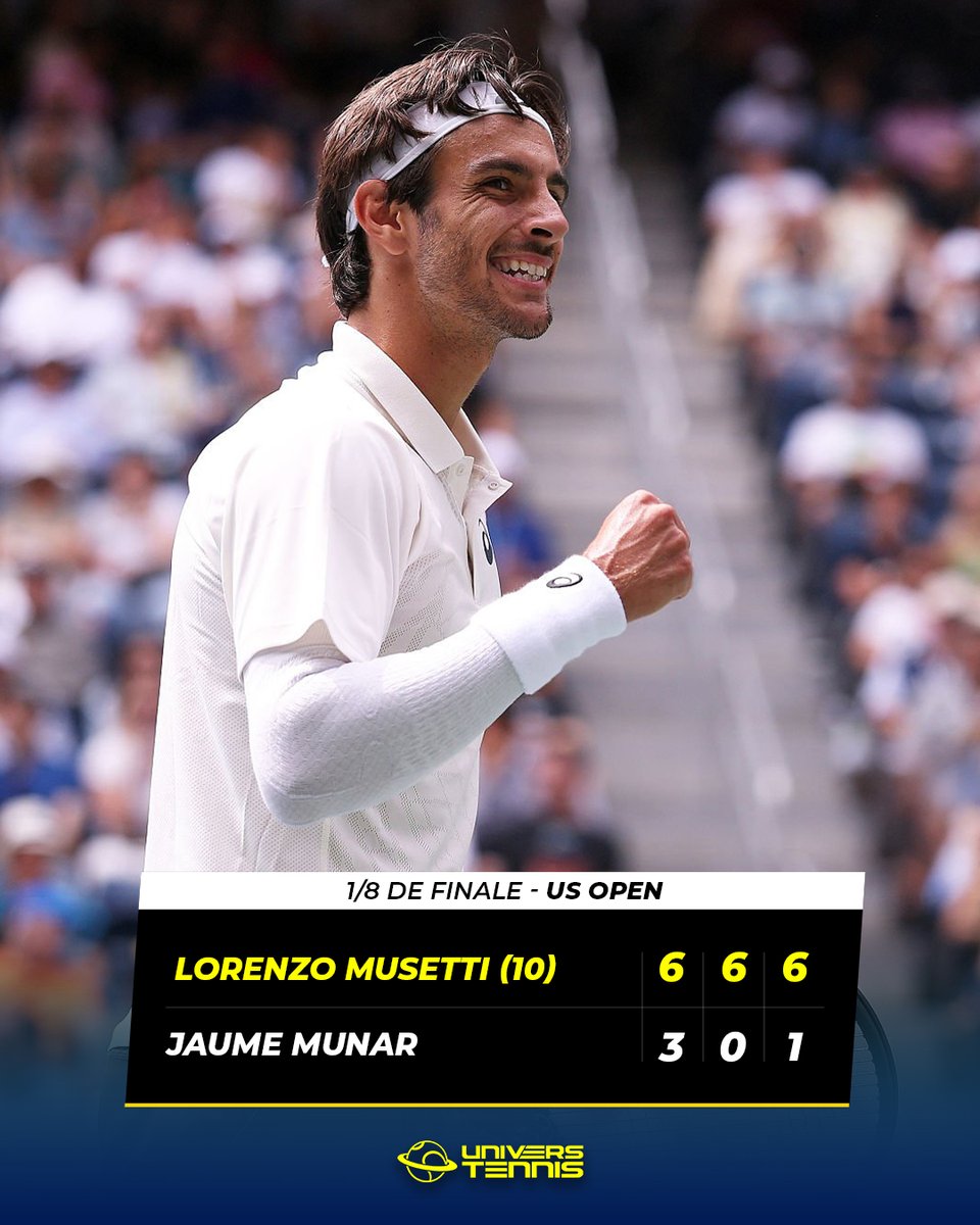 MUSETTI EXPRESS 🚄

Lorenzo Musetti écrase Jaume Munar et atteint son premier quart de finale à l'US Open. 🇮🇹

Il rejoint Carlos Alcaraz et Jannik Sinner en tant que seuls joueurs nés dans les années 2000 à avoir atteint les quarts en Grand Chelem sur terre, gazon et dur. 🟠🟢🔵