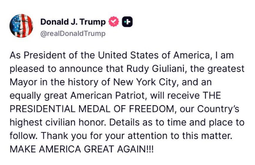 JUST IN: Rudy Giuliani will be awarded the Presidential Medal of Freedom! 

Let’s go!  Americas Mayor deserves it!