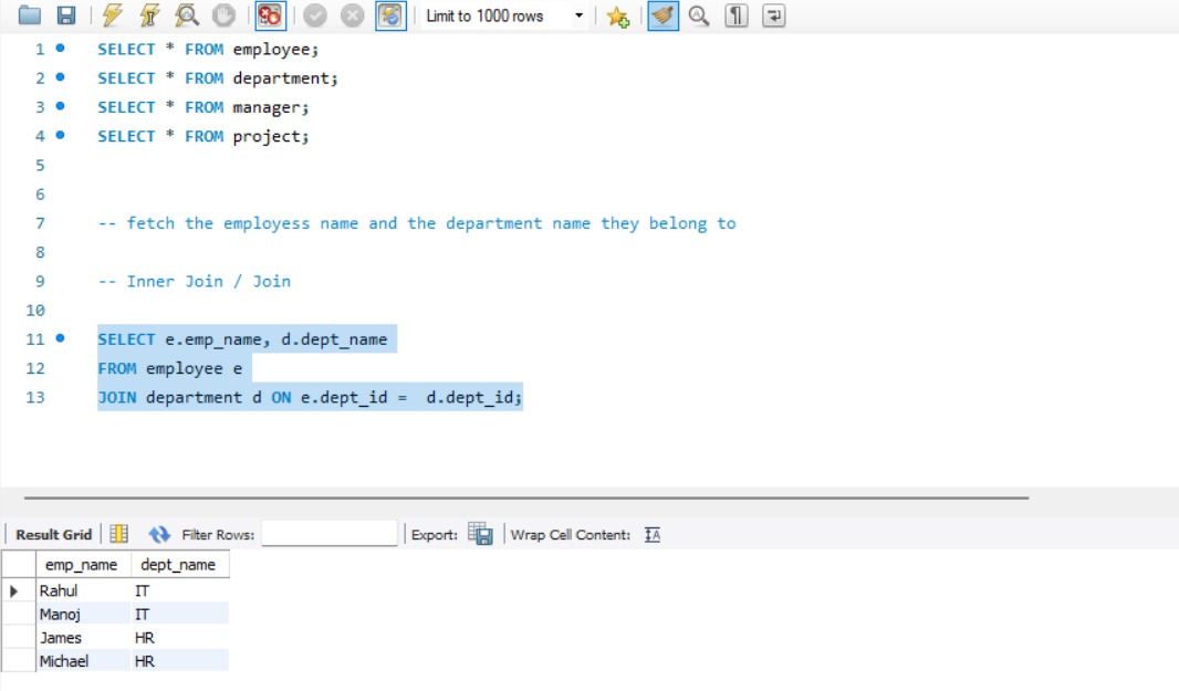 I created 4 tables:

employee 

department 

manager 

project 

To fetch employees with their department names:

SQL magic ✨ = Clear insights 🚀

#SQL #Database #Joins #Learning
