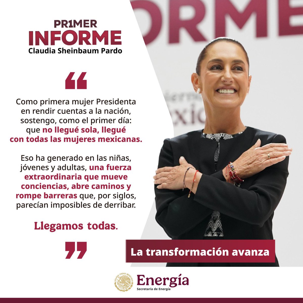 Tener a la primera mujer PresidentA de México, ha generado una fuerza 💪 extraordinaria que inspira e impulsa a todas las mujeres 🙋‍♀️💜 a romper barreras. 
#Pr1merInforme #ClaudiaSheinbaum