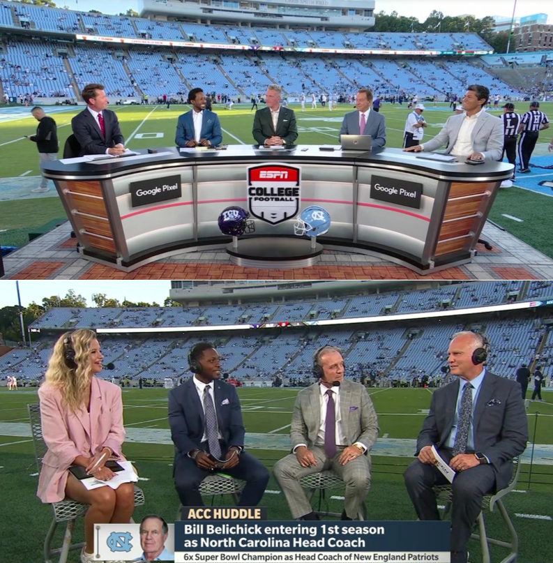 ESPN &amp; <a href="/accnetwork/">ACC Network</a> are live now from Kenan Stadium leading into <a href="/UNCFootball/">Carolina Football</a>'s opener vs. TCU w/ Bill Belichick as head coach.
🏈 ESPN: <a href="/MattBarrie/">Matt Barrie</a> hosts w/ <a href="/DesmondHoward/">Desmond Howard</a> <a href="/PatMcAfeeShow/">Pat McAfee</a> Nick Saban &amp; <a href="/TedyBruschi/">Tedy Bruschi</a>
🏈  ACCN: <a href="/kelseyriggs/">Kelsey Riggs Cuff</a> w/ <a href="/EddieRoyalWR/">Eddie Royal</a> Jimbo Fisher &amp; <a href="/MarkRicht/">Mark Richt</a>